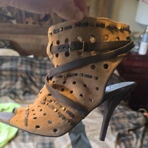 Fergie Tan Suede Cutout High Heel Sandal with Stud Accents 8